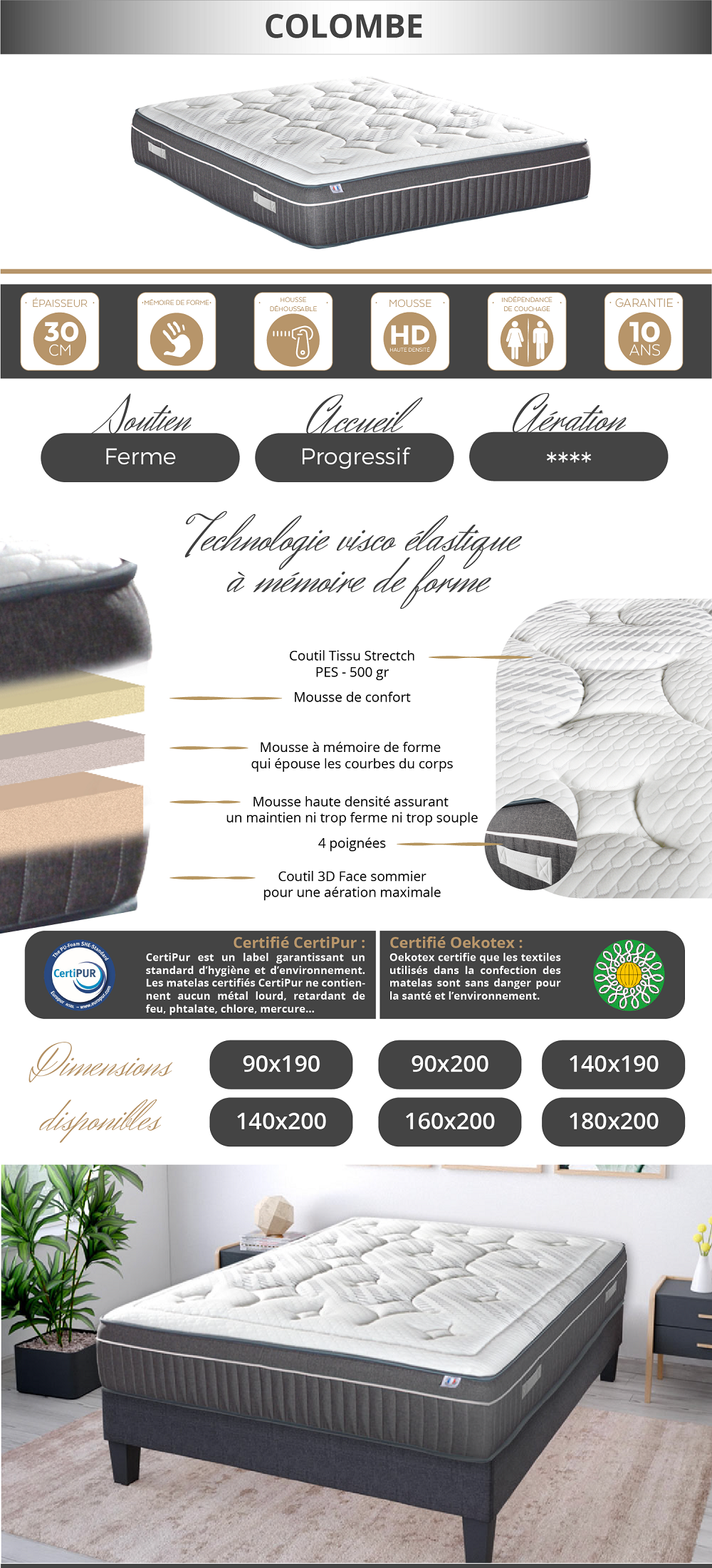 Ensemble COLOMBE Mémoire de forme 60 kg/m³ Colombe - 30cm avec lit coffre tissu gris